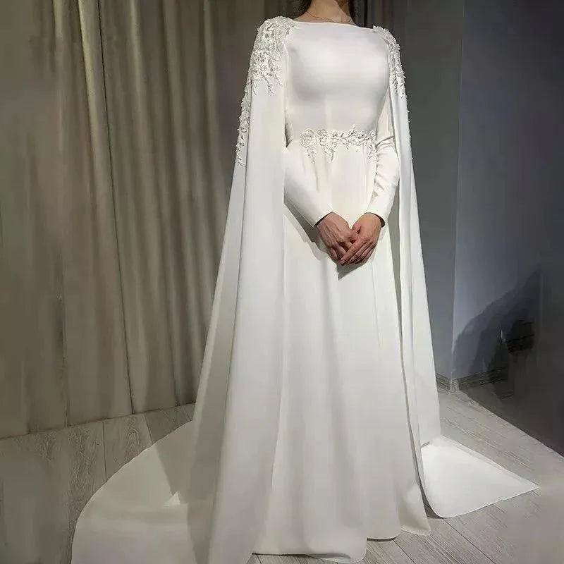 Muslim Bride Wedding Dresses with Wrap Boat Neck Floor Length Appliques Beading Satin Bridal Gowns vestidos de novia boda civil White