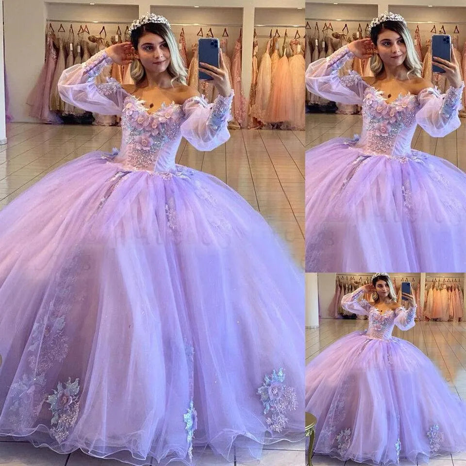 Quince Dress | Lilac Quinceanera Dress Puffy Off-Shoulder Sleeves 3D Flowers Vestidos De 15 Anos Formal Party Prom Ball Gown