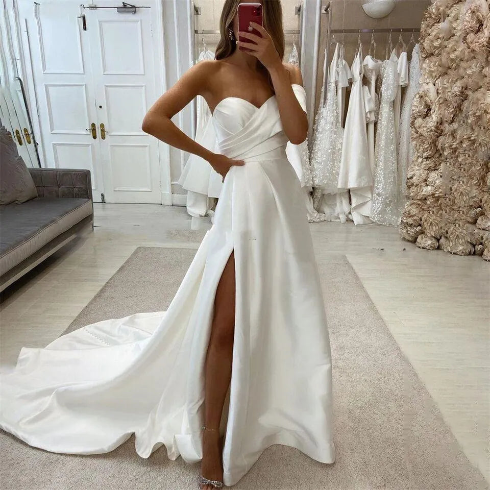 Luxury Solid Wedding Dresses One Shoulder Side Slit Satin A-Line Evening Prom Dress Shiny Off Shoulder Pleated Bride Gowns Ivory Satin