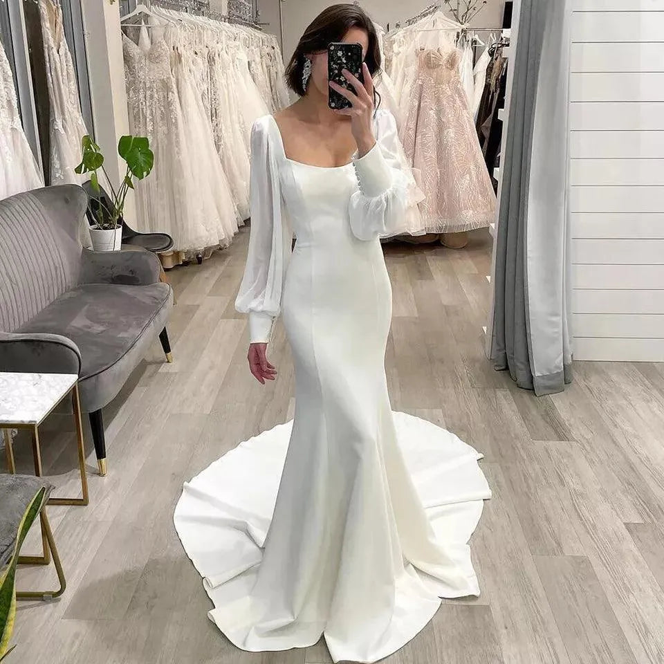Simple Mermaid Wedding Dresses Woman Zipper Long Sleeves Square Neck Bride Gowns Long Bridal Gowns Custom Vestido De Novia As Picture Mermaid