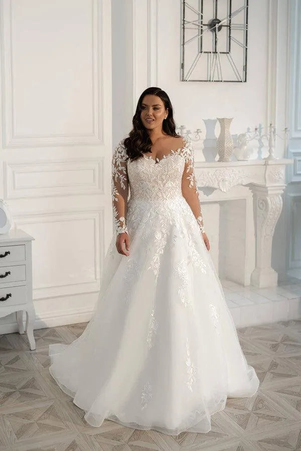 Plus Size Wedding Dress Elegant Long Sleeves Lace Bride Dress Tulle Applique Sweep Train A-Line robe de mariée As Picture Plus Size