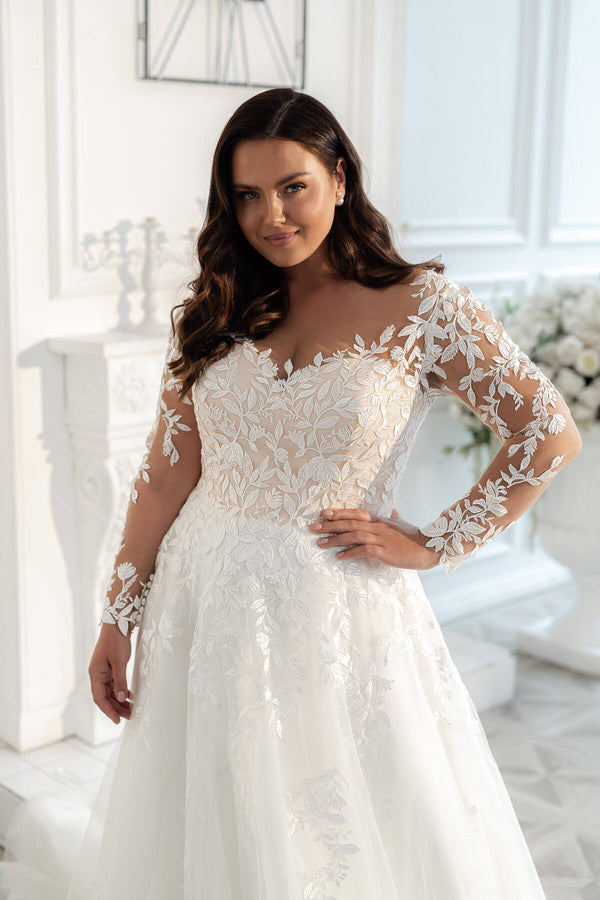 Plus Size Wedding Dress Elegant Long Sleeves Lace Bride Dress Tulle Applique Sweep Train A-Line robe de mariée