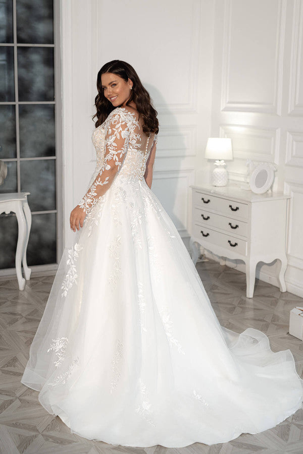 Plus Size Wedding Dress Elegant Long Sleeves Lace Bride Dress Tulle Applique Sweep Train A-Line robe de mariée