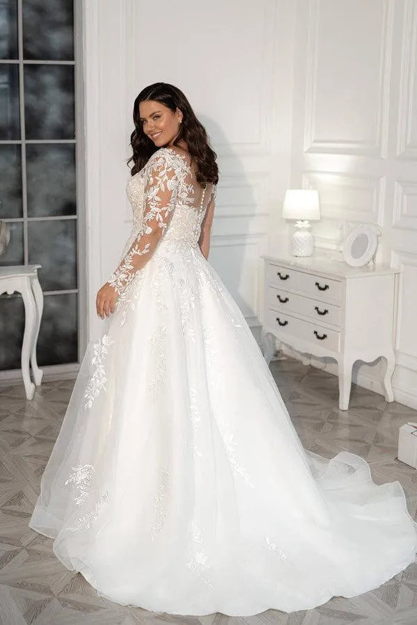 Plus Size Wedding Dress Elegant Long Sleeves Lace Bride Dress Tulle Applique Sweep Train A-Line robe de mariée As Picture Plus Size