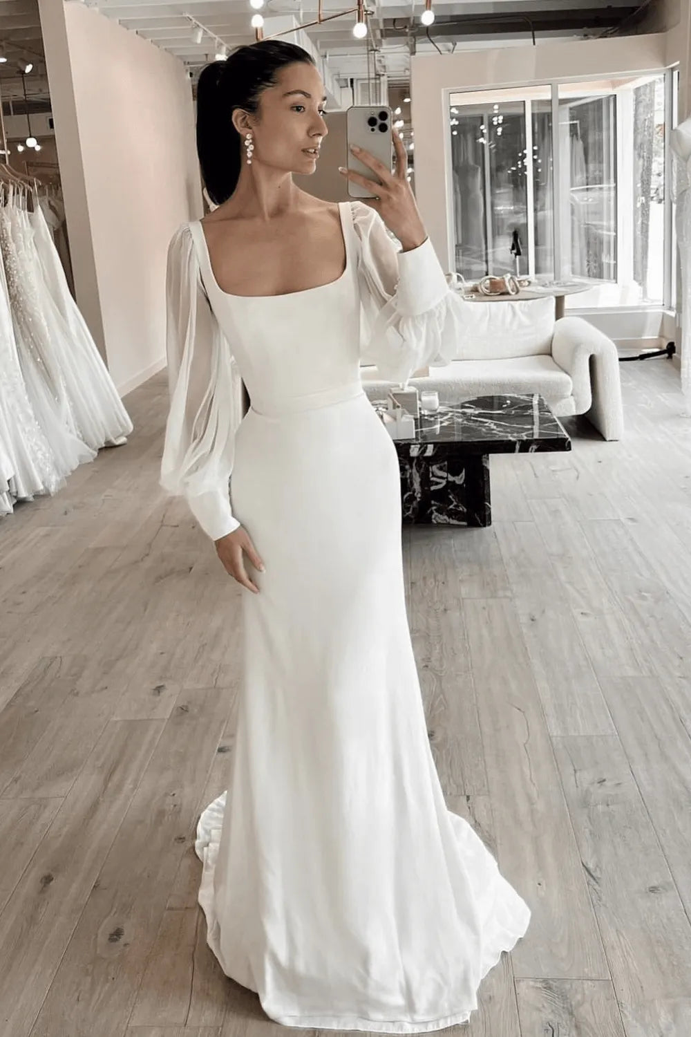 Simple Mermaid Wedding Dresses Woman Zipper Long Sleeves Square Neck Bride Gowns Long Bridal Gowns Custom Vestido De Novia Mermaid