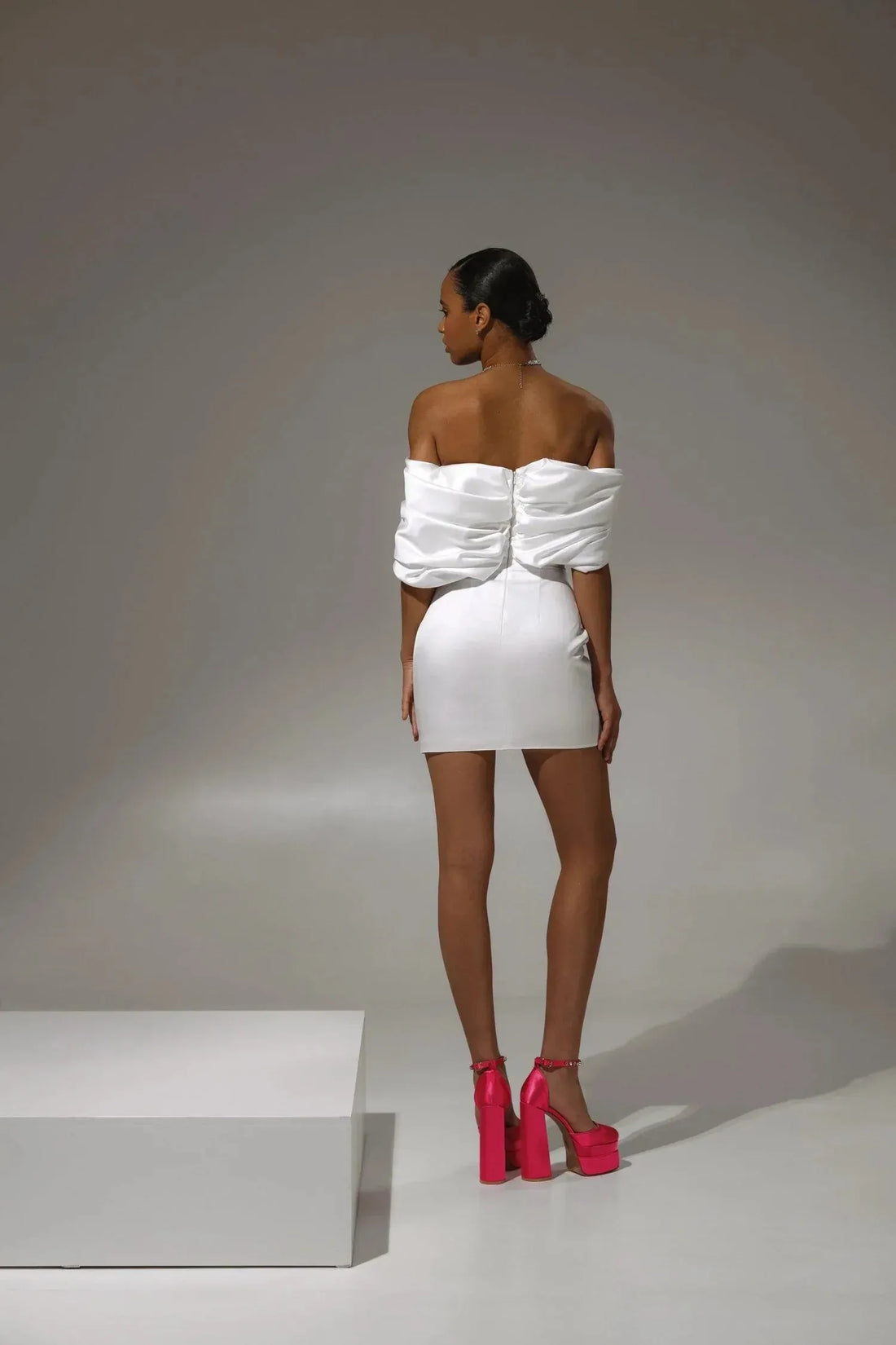 Minimalist Off-Shoulder Style Straight Neckline Natural Waist Mini Wedding Dress Satin