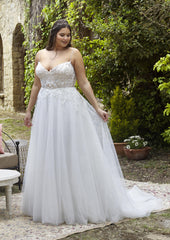 Elegantes vestidos de novia de talla grande con corte en A y espalda abierta, de encaje blanco, con escote en forma de corazón y tul, con cola larga 