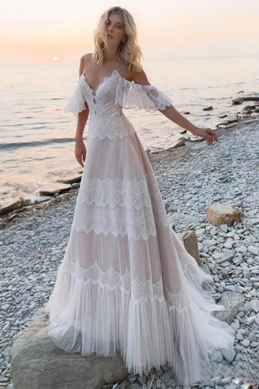 Bohemian Wedding Dresses Tempting Nude Champagne V Neck Chic Sleeves Straps Ruffles Lace A Line Backless Bridal Gowns