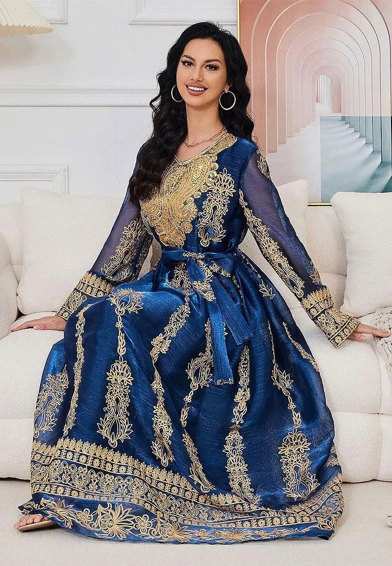 Blue Fashion Sequins Embroidery Muslim Woman Oriental Dress With Sashes Moroccan Turkish Women Elegant Party Gown