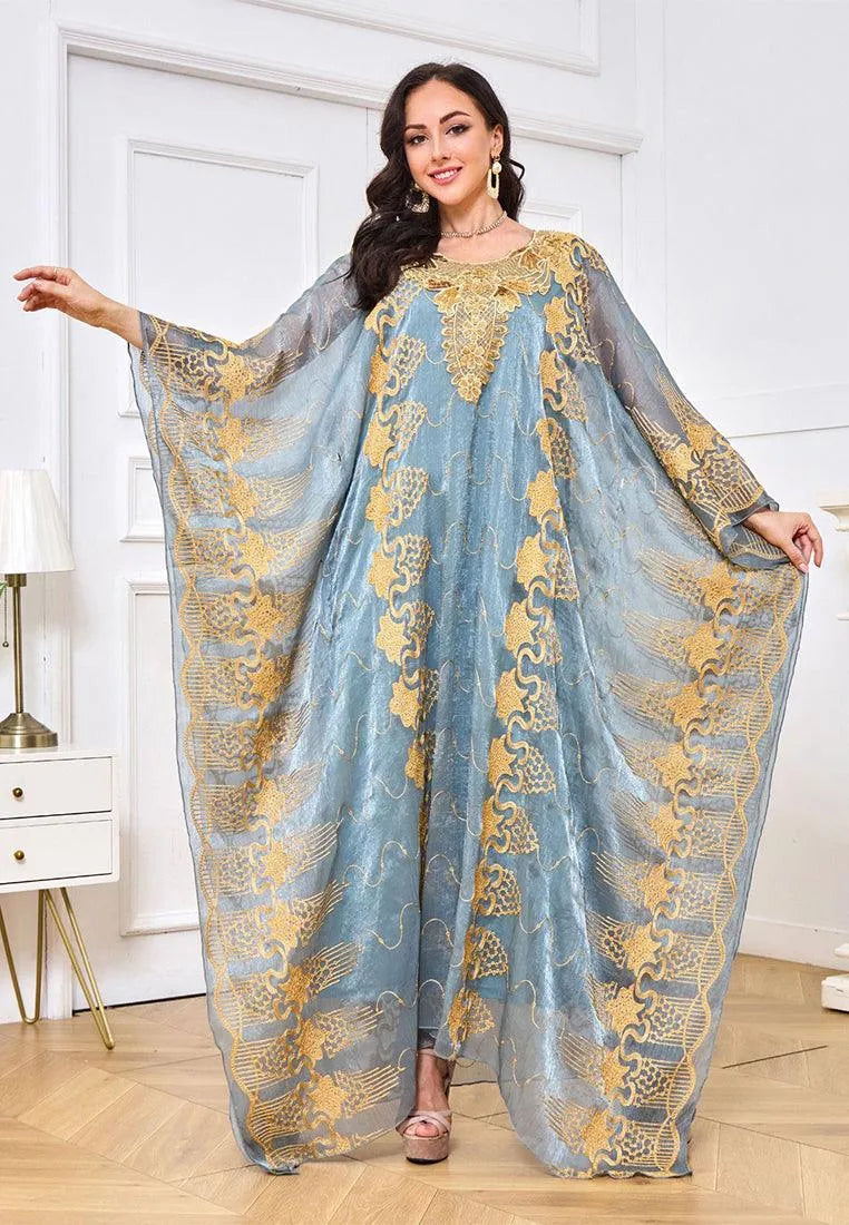 Fashion Ethnic Turkish Abaya Woman Muslim Dubai Mesh Embroidery Belt Kaftans 2 Piece Suit Elegant Islamic Long Dresses Green Dress