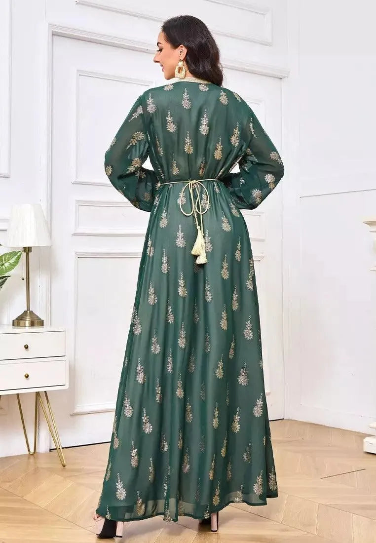 Arab Party Dress Abaya Women 2 Piece Set Islamic Clothing Belt Lace Tape Kaftan Vestidos Maxi Elegant Caftan Green Abaya