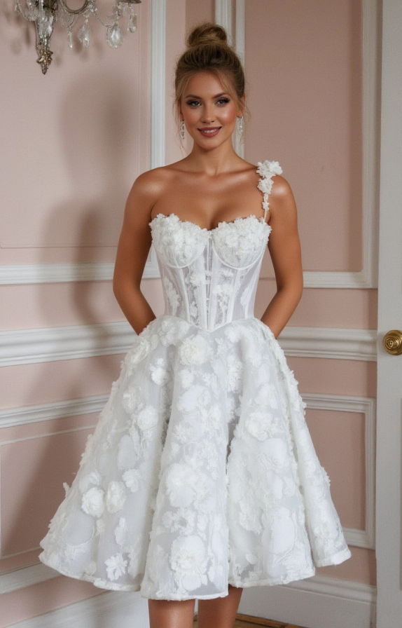 Modern Short Wedding Dress and Mini Dress with a One-Shoulder Design