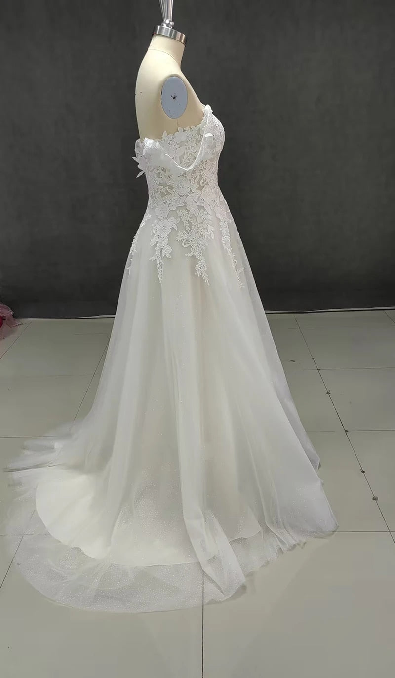 Vestido de novia de encaje con hombros descubiertos y escote corazón, vestido de novia con abertura lateral y apliques vintage, vestido de novia campestre 