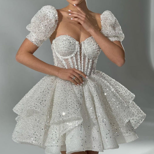 Vestidos de novia cortos con lentejuelas y abalorios, mangas abullonadas, vestidos de fiesta de princesa con escote en forma de corazón, vestidos elegantes de lujo para mujer