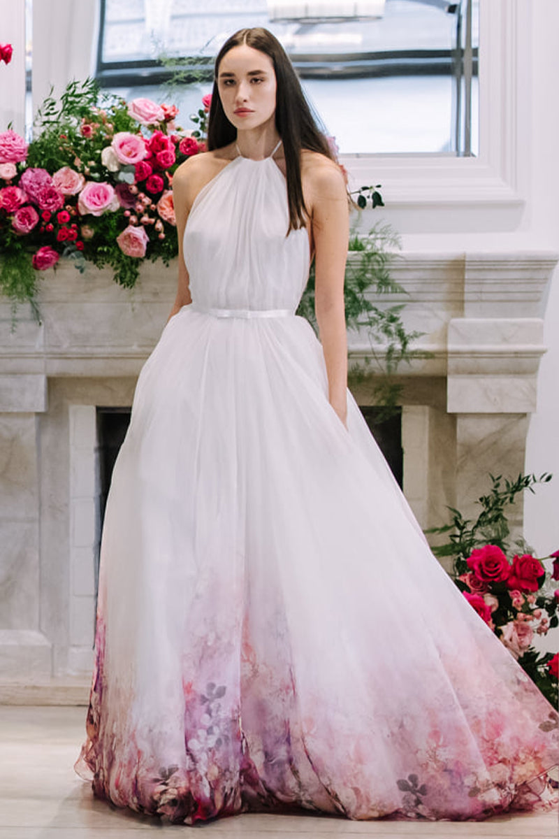 Vestidos de noiva de flores impressas com envoltórios, vestidos de noiva para coração para o trem de varredura de praia de mancha de mariée para mulheres