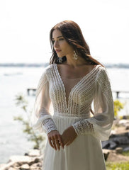 Boho A-line Wedding Dresses For Women Chiffon Puffy Sleeve vestido de novia Elegant Lace Bridal Dress Custom Made