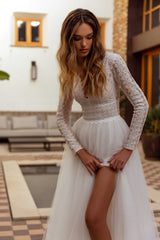 Boho Side Split Wedding Dresses For Women Long Sleeve V-neck Lace Applique A-Line Beach Bride Dress Robe De Mariée