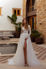 Boho Side Split Brautkleider für Frauen Langarm V-Ausschnitt Spitze Applique A-Linie Strand Brautkleid Robe De Mariée 