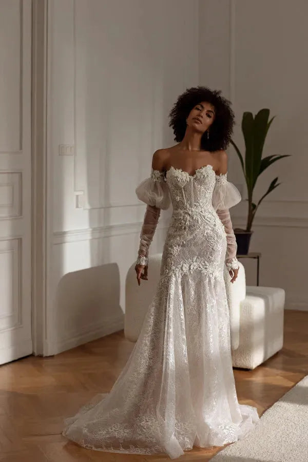 Exquisite Wedding Dresses Gorgeous Bridal Gowns Lace Appliques Sheath Mermaid Floor Length Robe For Bride Vestidos De Novia As Pictures