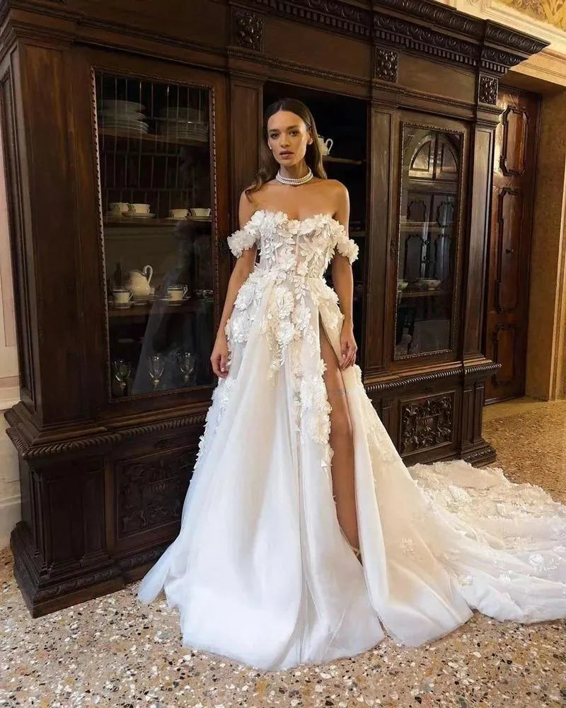 Sweetheart A-line Wedding Dress Tulle Appliques Flowers High Slit Bridal Gowns Fashion Amanda Novias Vestido De Novia Beige