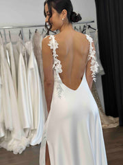 Pavimenti linght con abito da sposa a V-neckline Vestitido de novi raso semplice gonna a filo da treno abito da sposa