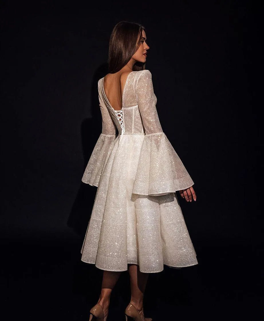 Flare Sleeve Glitter Short Women Dress Sweetheart Midi Bride Dresses A Line Lace-up Bridal Gown Vestidos Definitely Novia All Ivory