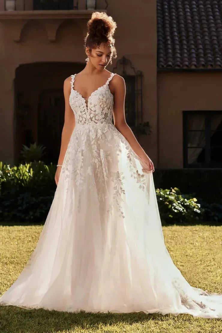 Elegant Wedding Dresses For Woman Spaghetti Straps V-Neck Lace Appliques Backless A Line Bridal Gown vestidos de novia Floor Length