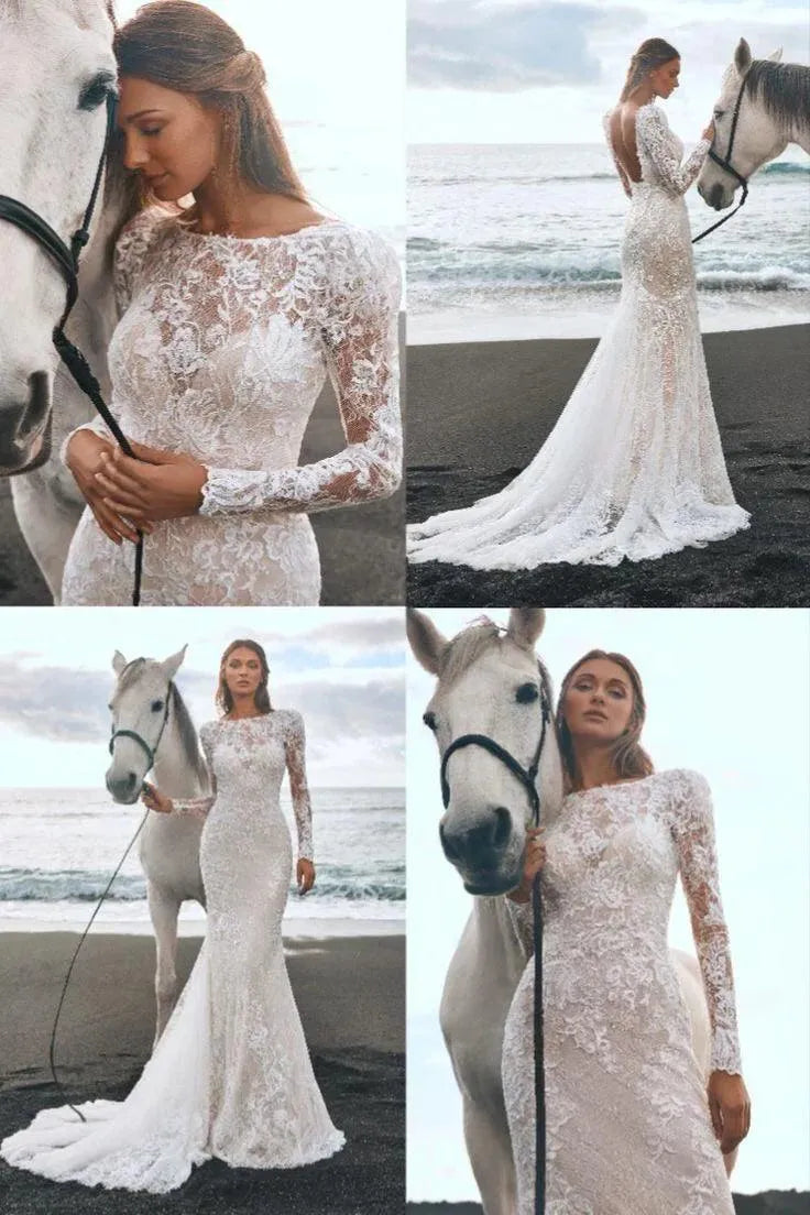 Sexy Lace Bodycon Mermaid Wedding Dresses Backless Long Sleeves Elegant Boho Bridal Gowns Custom Color robe de mariée Boho Mermaid