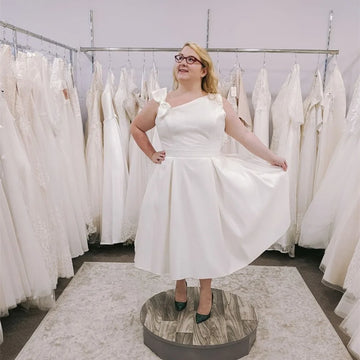 Robe De mariée courte en Satin, grande taille, longueur cheville, bretelles avec nœud, Simple, Vintage, en dentelle, Robe De soirée 