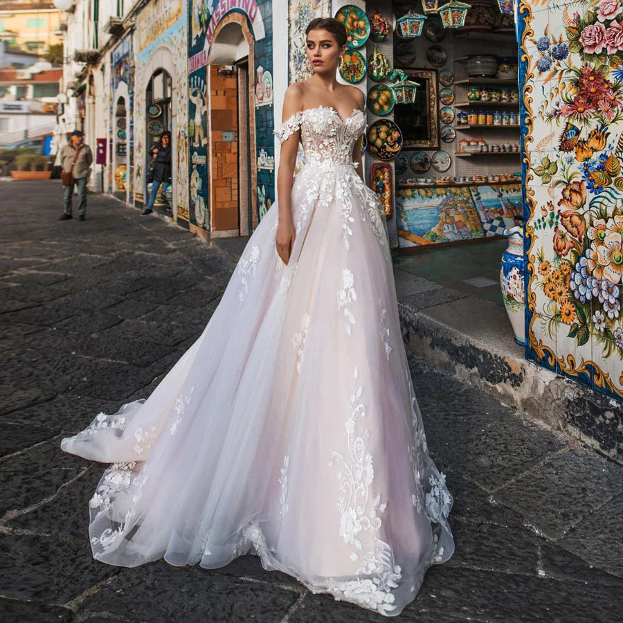 Illusion Wedding Dresses Tulle with Lace Appliques Sexy Off the Shoulder A-line Summer &nbsp;Dress vestido de noiva