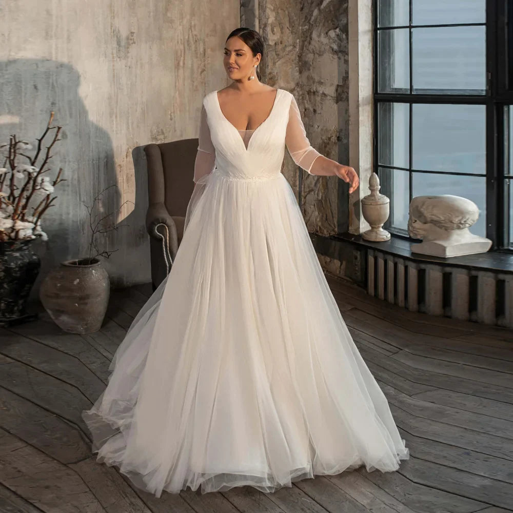 Elegant Simple Wedding Dresses Plus Size Women V Neck Long Sleeves Pleats Beach Bridal Gowns Appliqued Tulle Vestidos De Novia