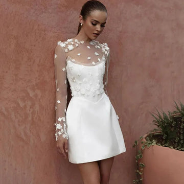 Classic A-Line Mini White Wedding Dress Satin Lace Long Sleeve 3D Flower Sexy Backless With Button Strapless Wedding Gown